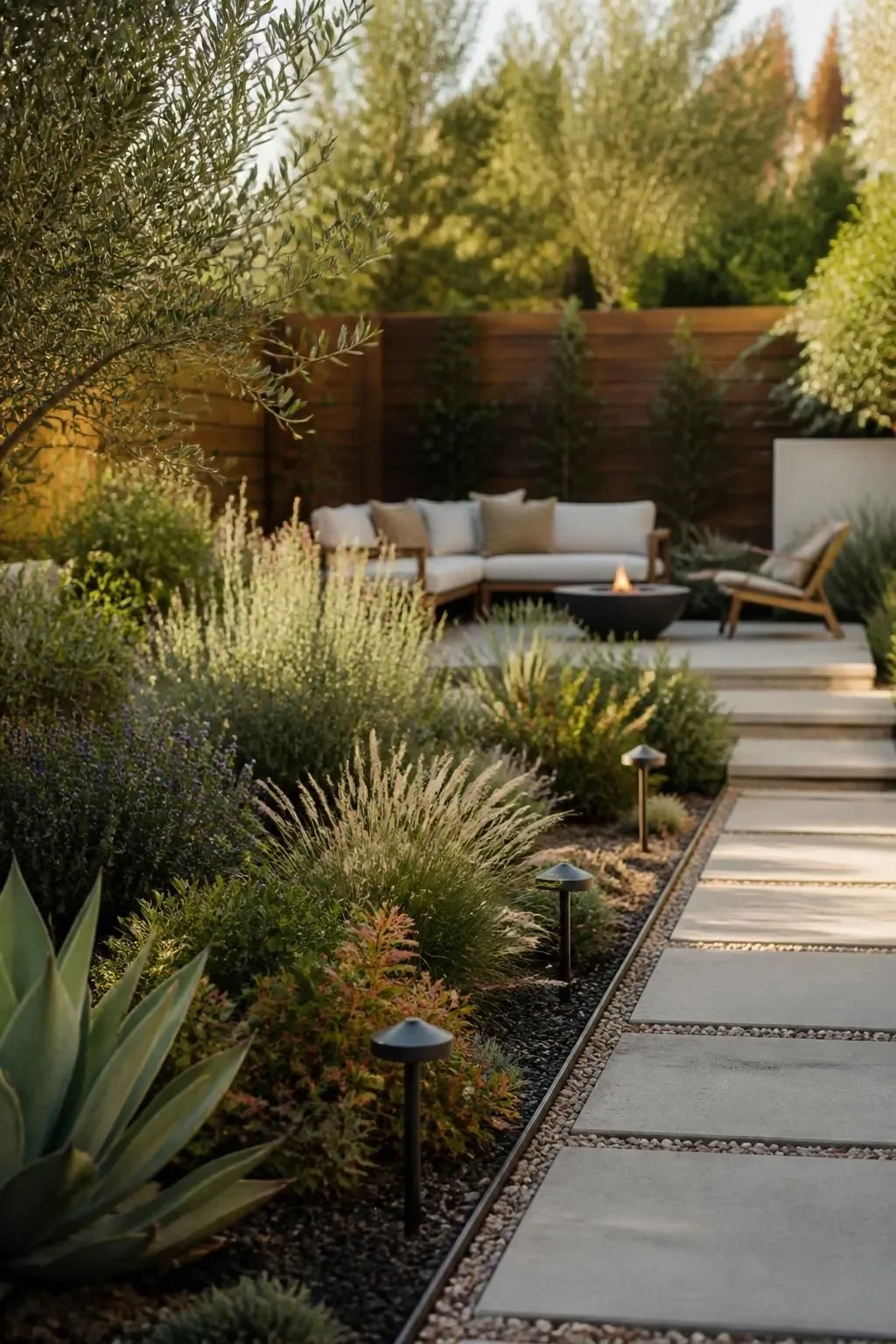 A calm coastal garden with a seating area