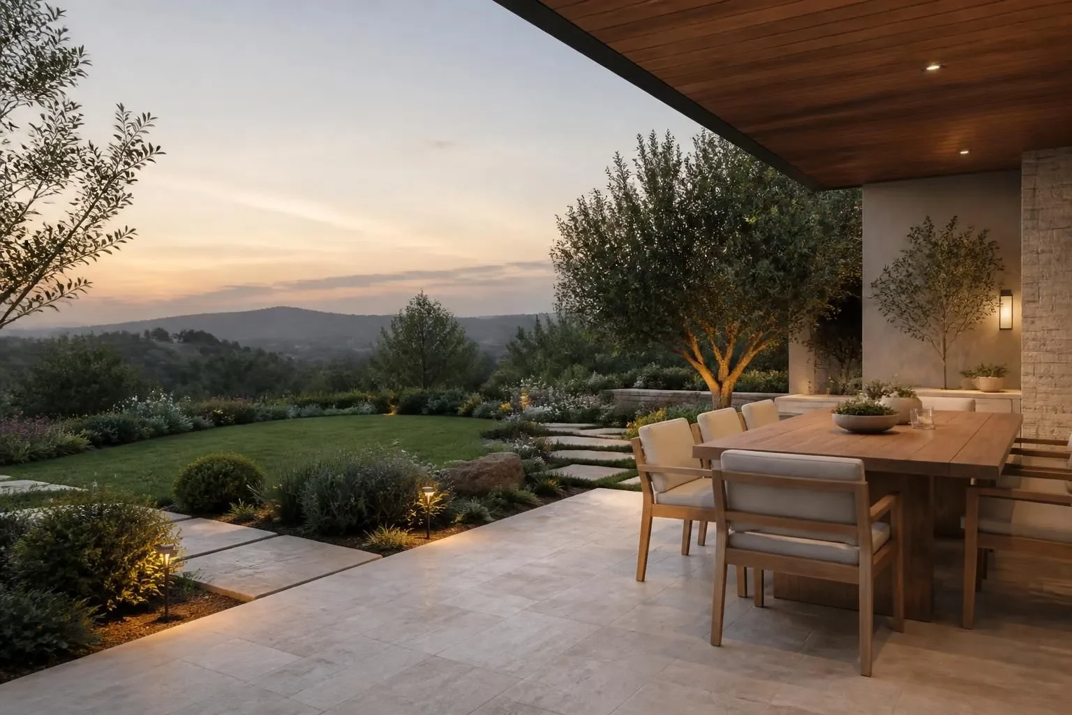 A shaded patio with lounge seating