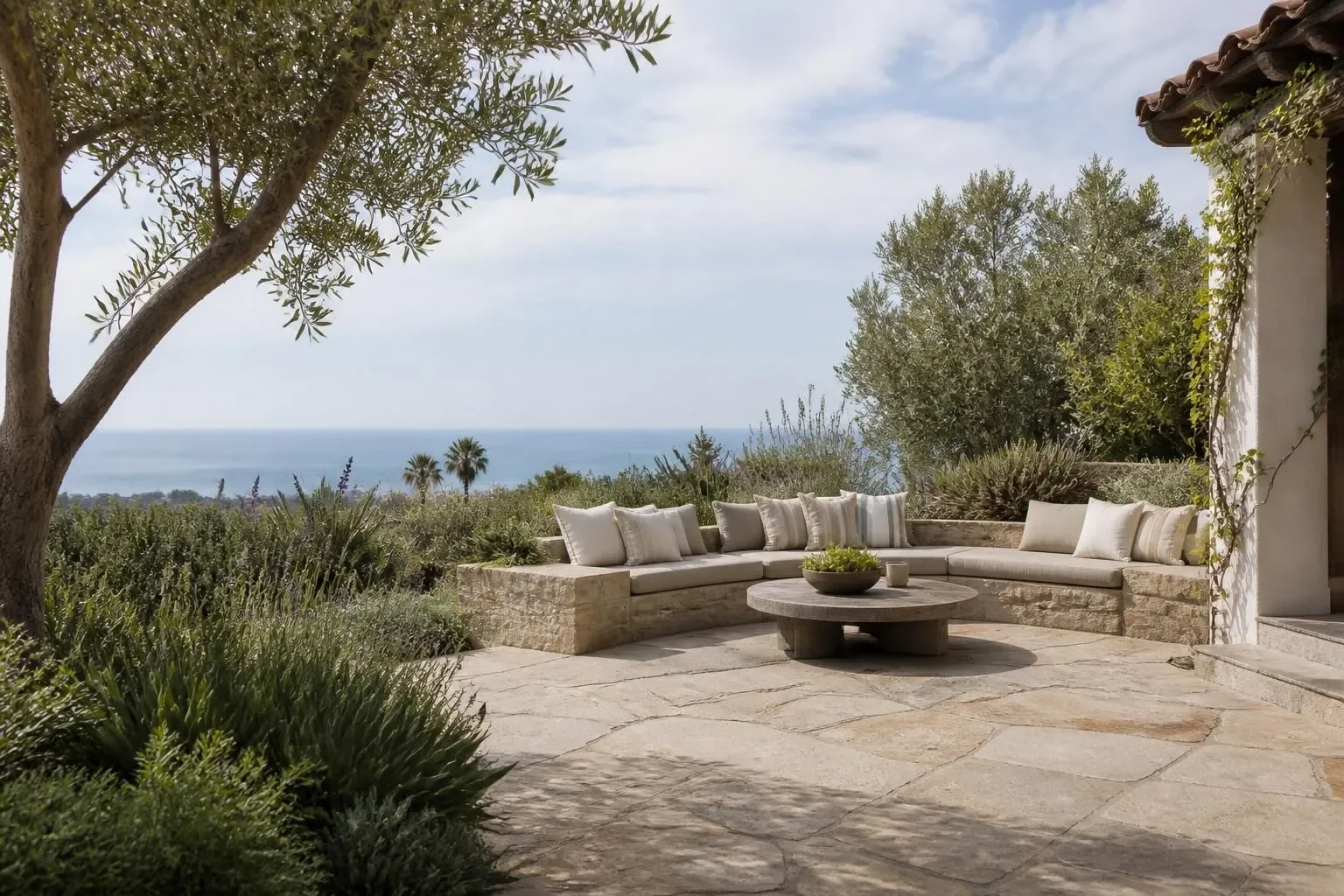 A coastal patio with lounge seating and planting at dusk