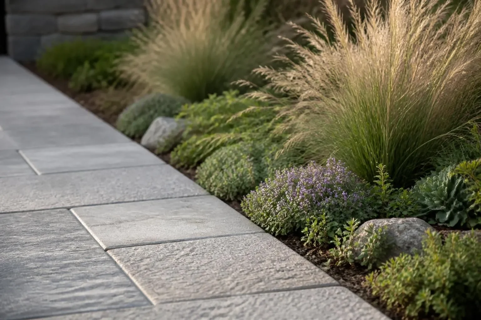 Stone and grasses in a planted border