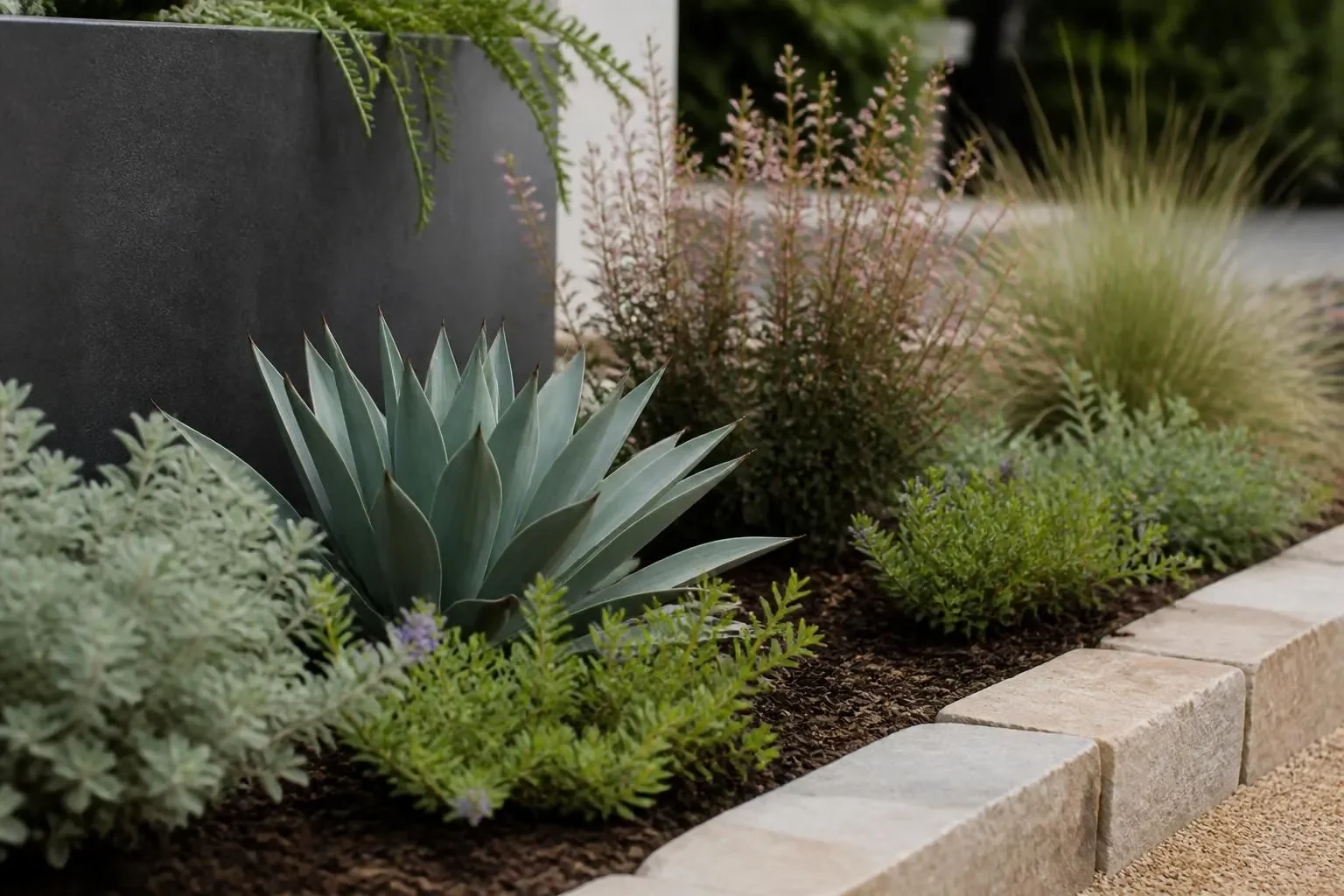 A garden bed of drought-tolerant plants